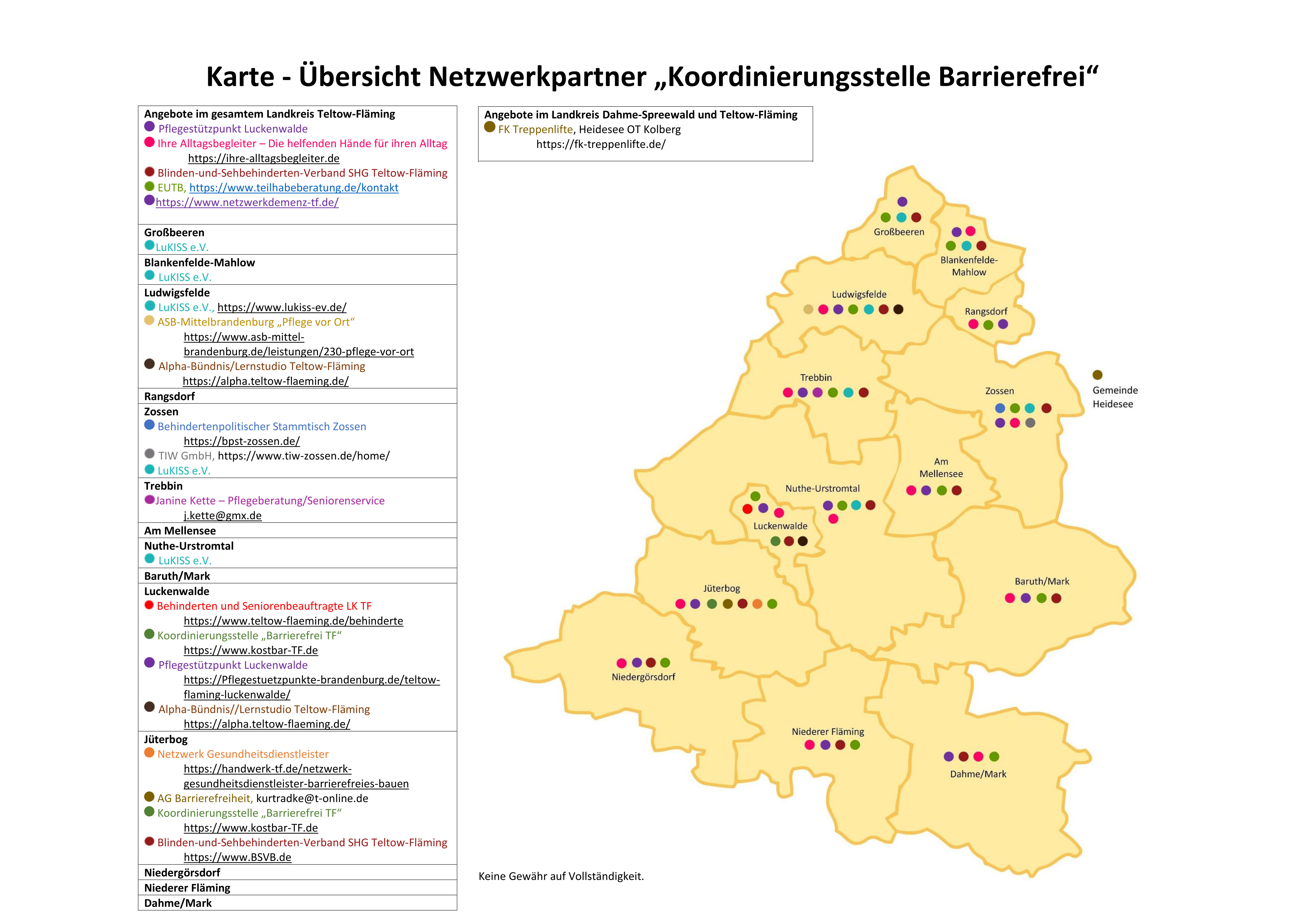 Übersichtskarte mit Gemeinden im Landkreis TF mit Kennzeichnung der Netzwerkpartner innerhalb der Gemeinden